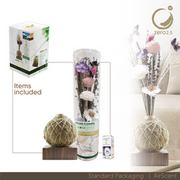 Zero 2.5 Air Scent - Natural Fiber-Based Ionizer beside its packaging box and scent bottle